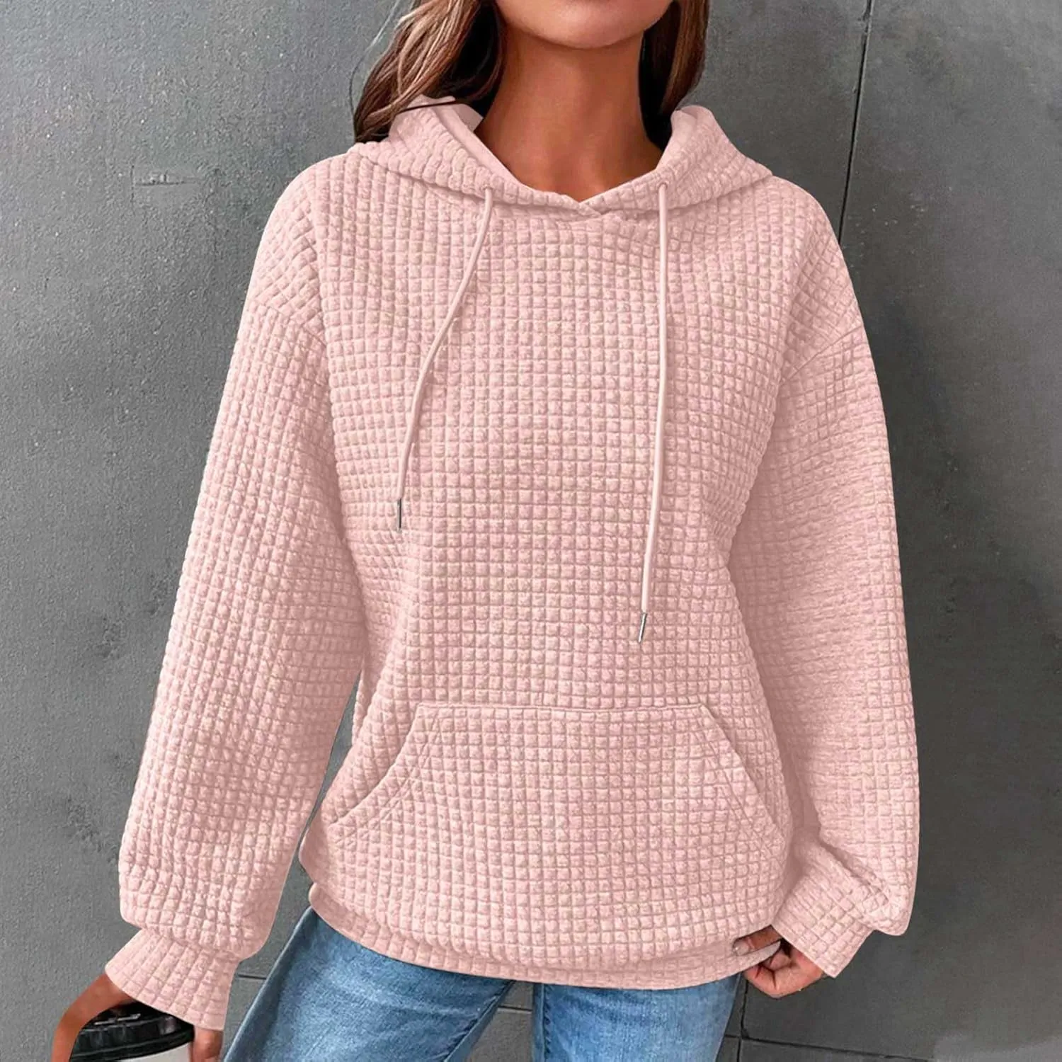 LRMQS Hoodies for Women Trendy Fall Fashion 2024 Waffle Knit Drawstring Pullover Sweatshirts Loose Fit Casual Cute Clothes