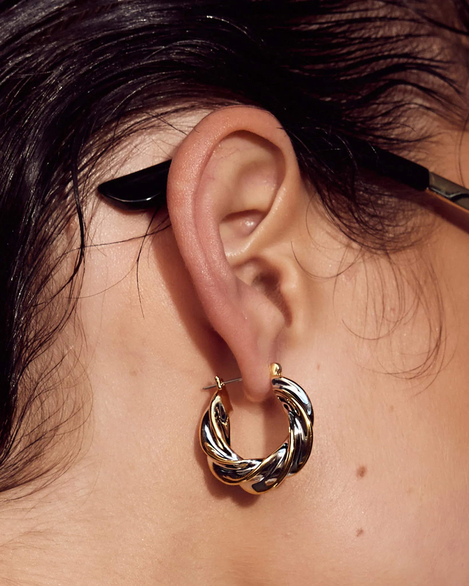 Luv Aj Perry Two Tone Twisted Mixed Metal Hoop Earrings in Gold and Silver Plated