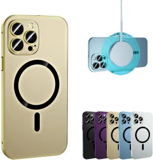 Magnetic Charging Aluminum Metal Bumper Matte Shell for iPhone, Magnetic Charging Anti-Collision Matte Protective case for iPhone 15/14/13/12 Pro Max (Gold,13promax)
