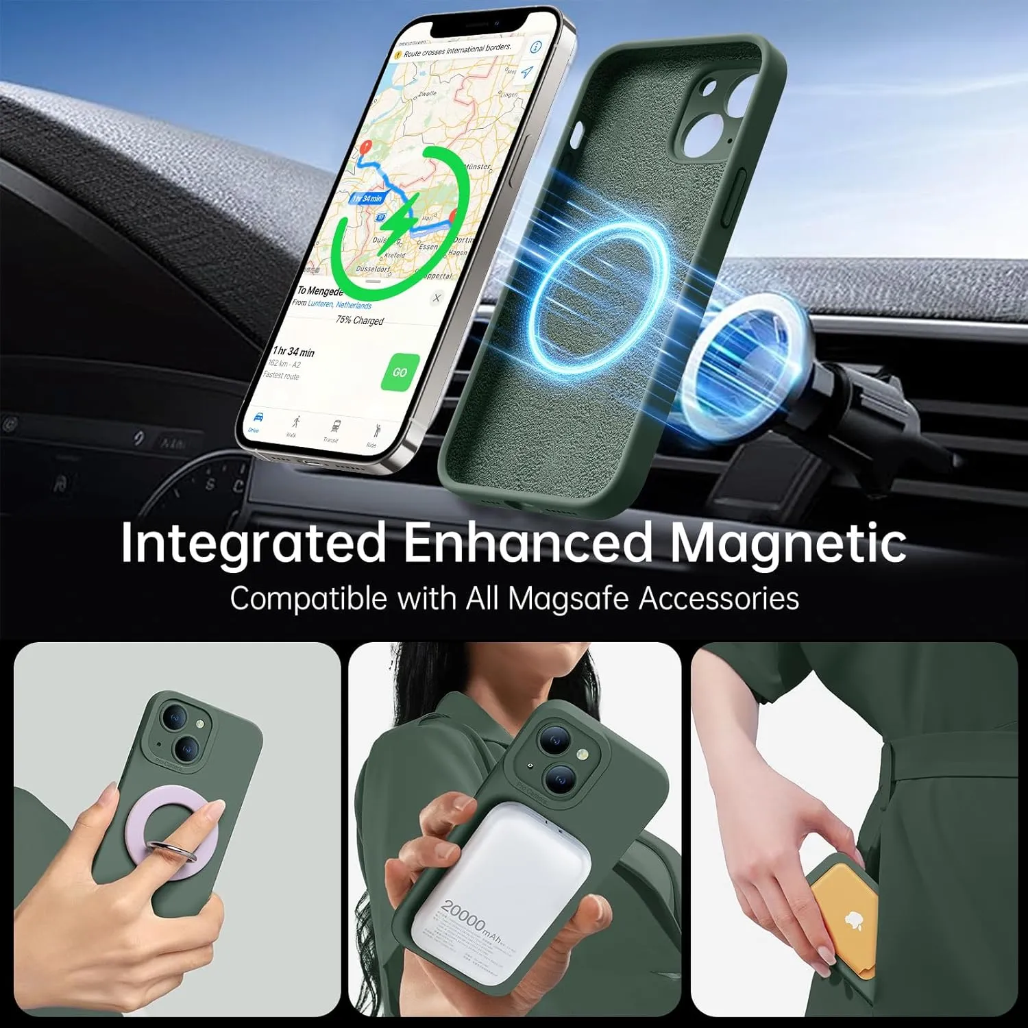 Magnetic for iPhone 13 Case with Screen Protector - Wireless Charging Compatible - Upgraded Camera Protection - Silicone Shockproof Protective Phone Case for iPhone 13 - Army Green