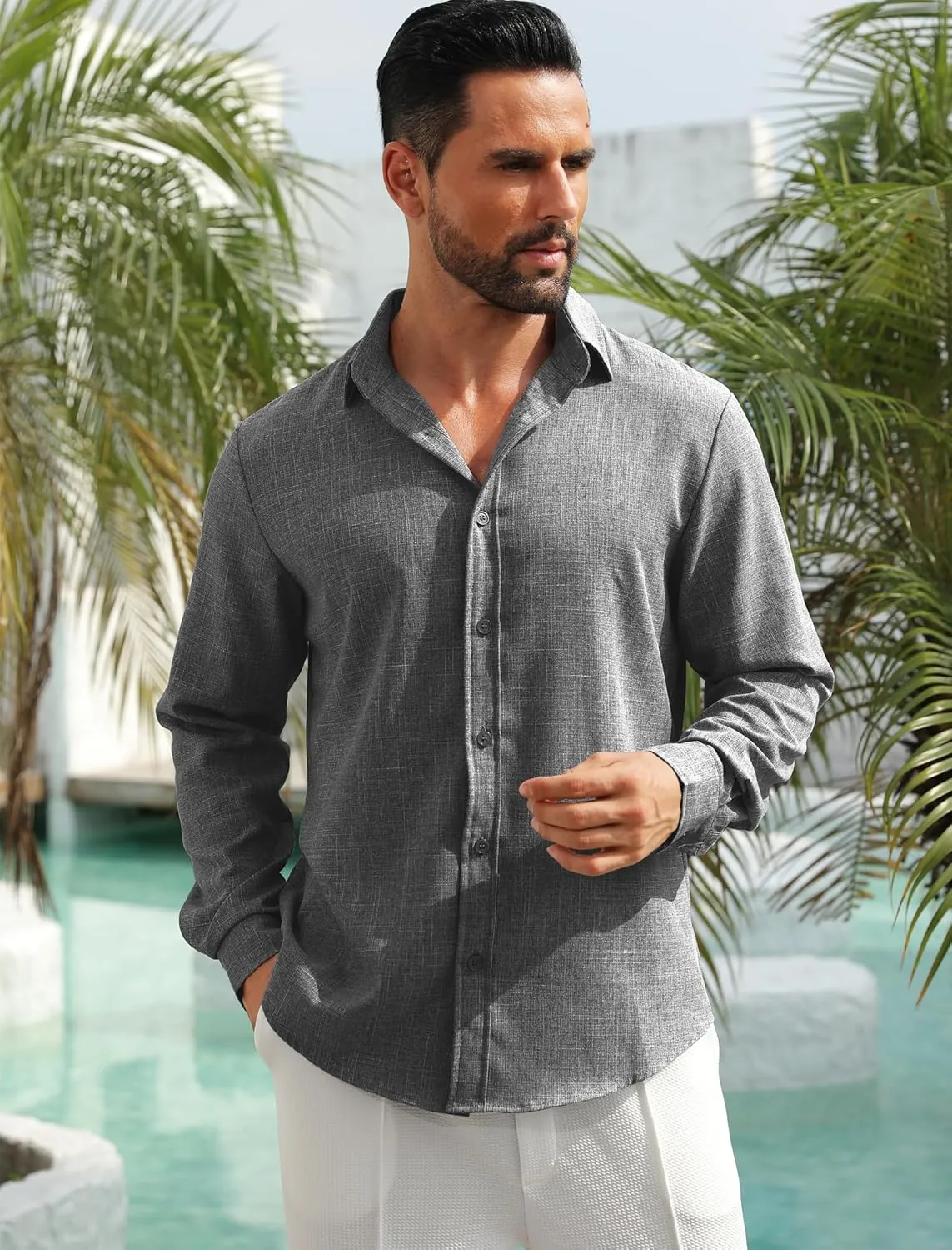 MAPICK Men's Linen Shirt Long Sleeve Button Down Casual Shirts Untucked Dress Shirts Beach Vacation Fall Tops