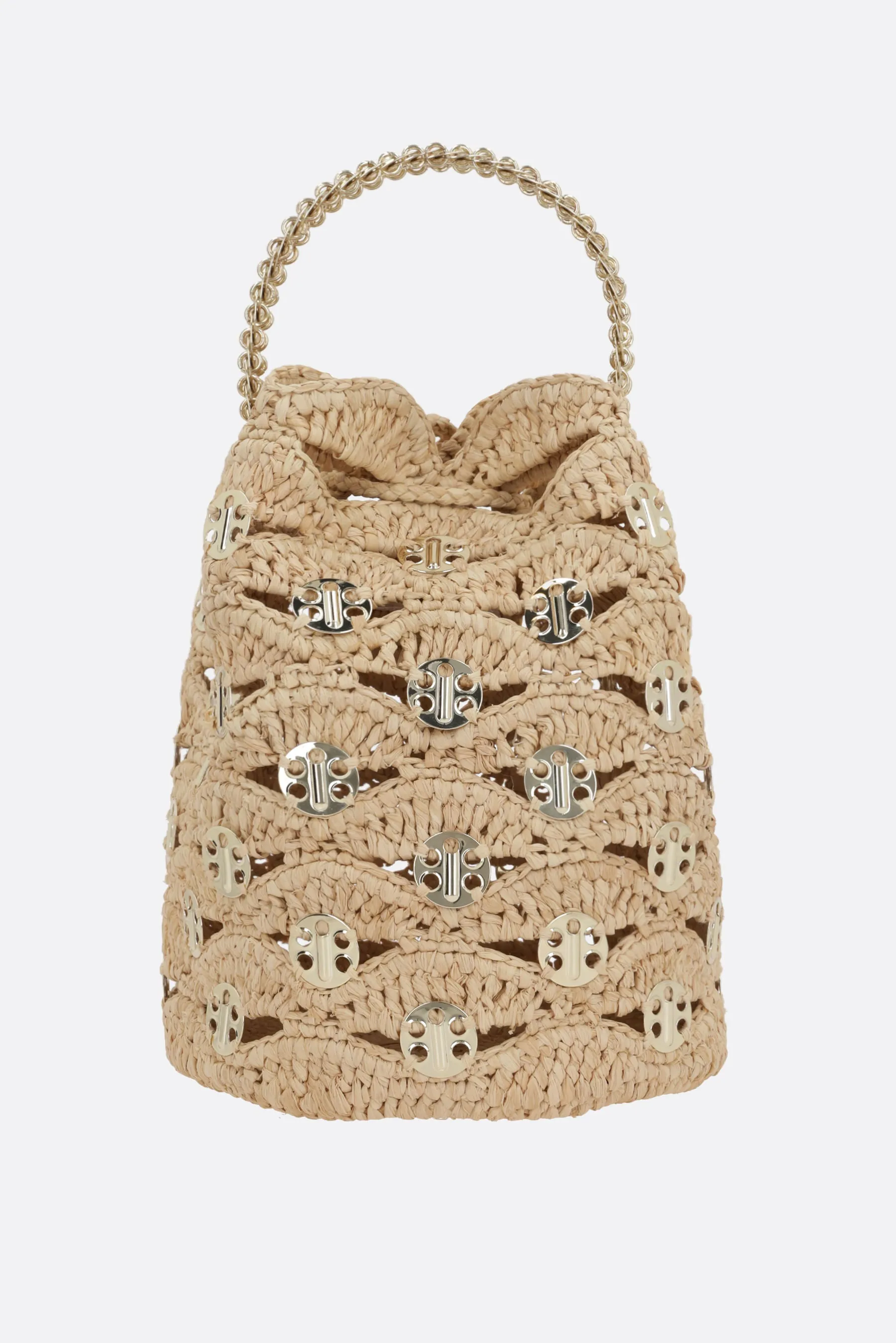 Medallion Disc Raffia Bucket Bag