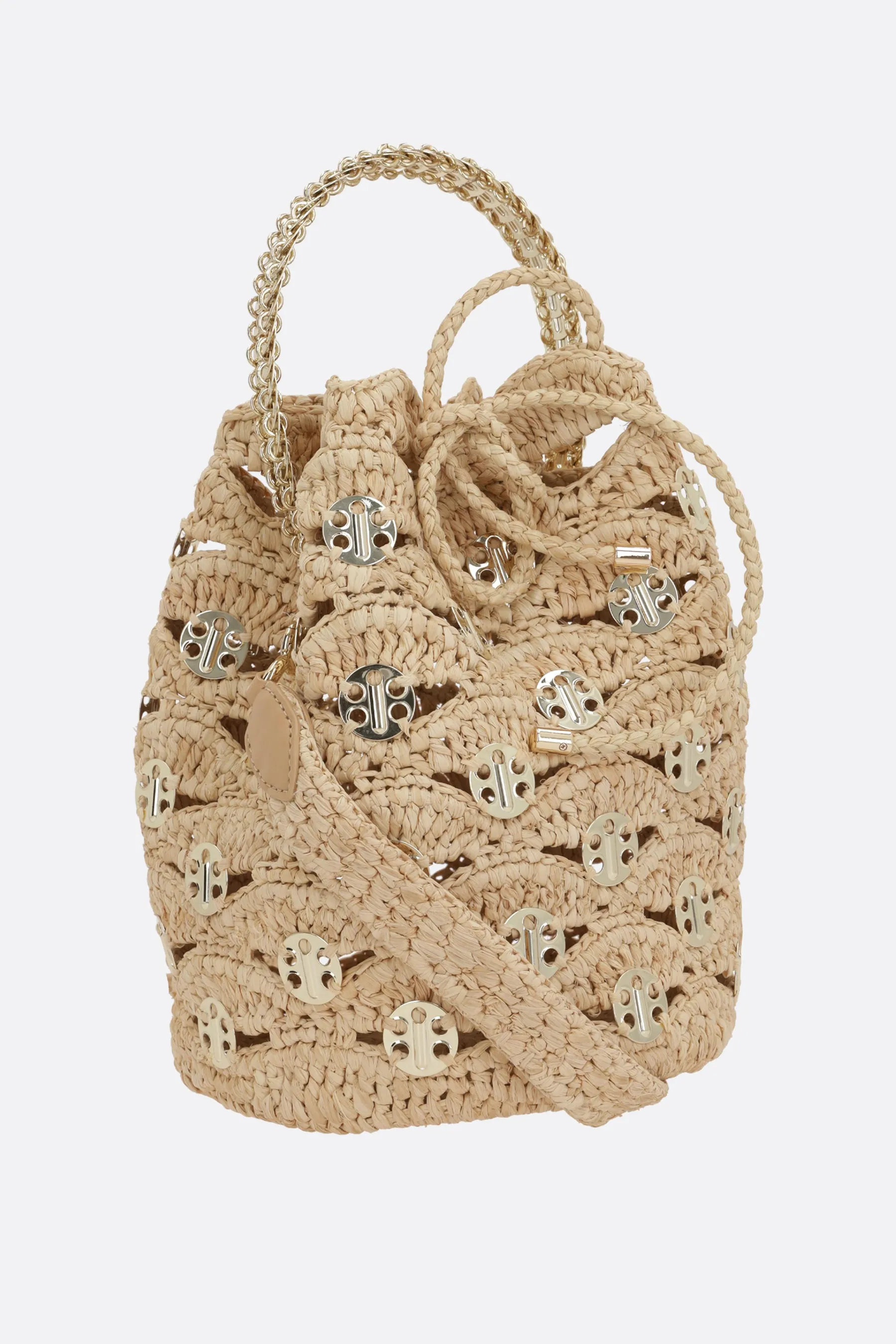 Medallion Disc Raffia Bucket Bag
