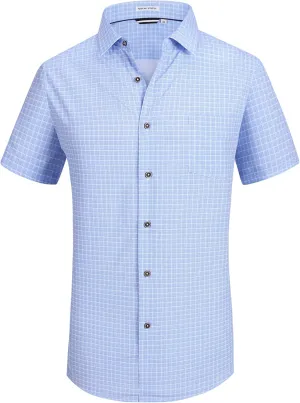 Mens Casual Button Down Shirts Wrinkle Free 4-Way Stretch Dress Shirs Short Sleeve Plaid Summer Shirts for Men