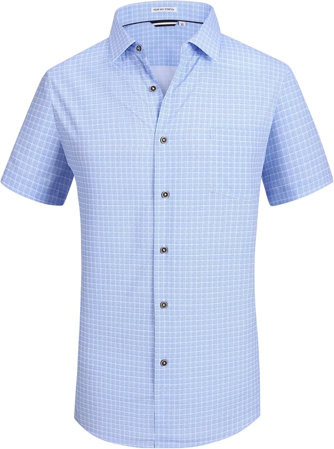 Mens Casual Button Down Shirts Wrinkle Free 4-Way Stretch Dress Shirs Short Sleeve Plaid Summer Shirts for Men