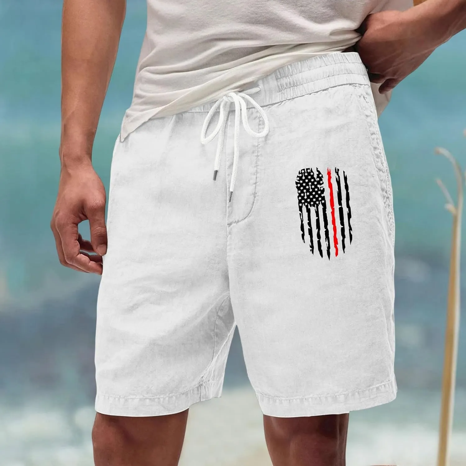 Men's Casual Drawstring Shorts with USA Flag Patch, Comfortable Cotton, Perfect for Summer Activities with Pockets