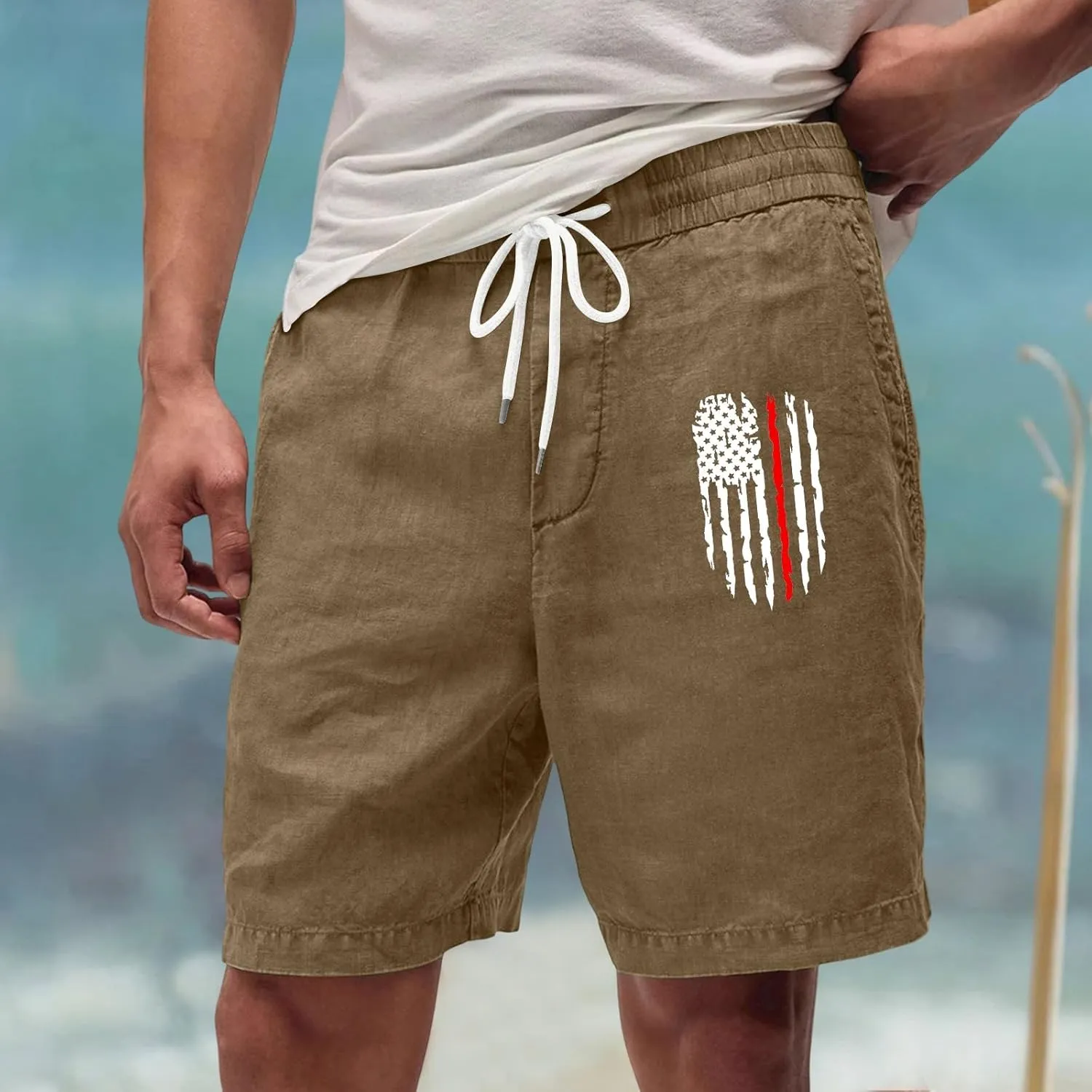 Men's Casual Drawstring Shorts with USA Flag Patch, Comfortable Cotton, Perfect for Summer Activities with Pockets