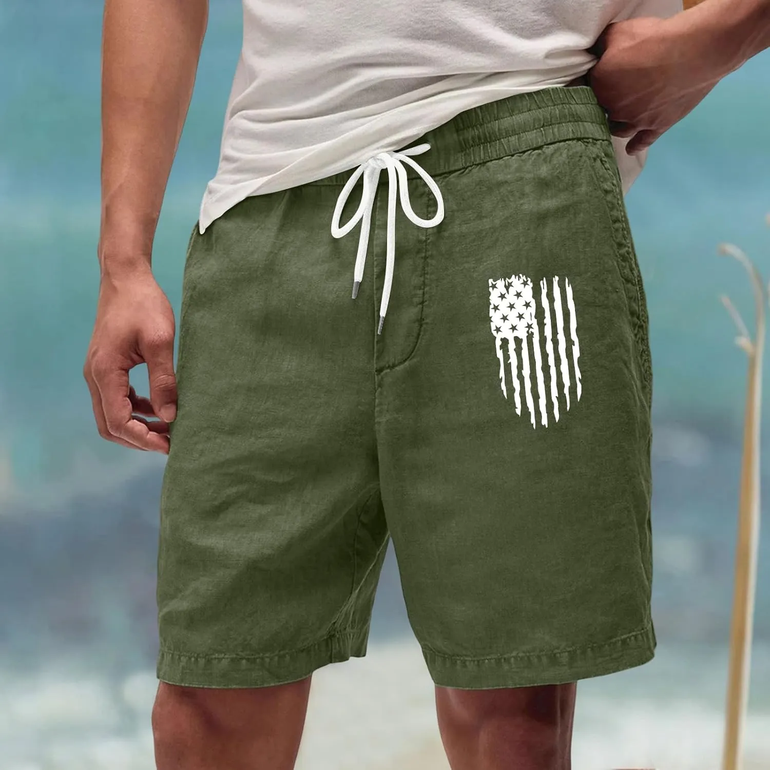 Men's Casual Drawstring Shorts with USA Flag Patch, Comfortable Cotton, Perfect for Summer Activities with Pockets