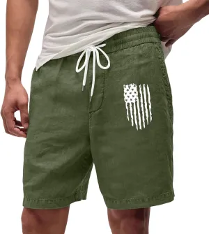 Men's Casual Drawstring Shorts with USA Flag Patch, Comfortable Cotton, Perfect for Summer Activities with Pockets