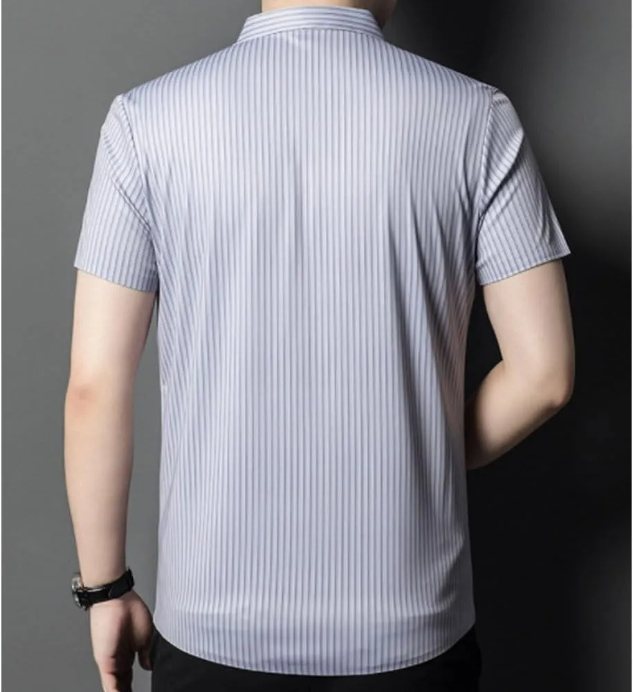Mens Casual Shirts Short Sleeve Striped Summer Shirt Wrinkle Resistant No Iron Lapel Top Comfortable Lightweight Breathable