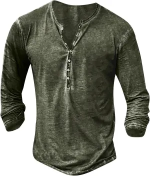 Men's Distressed Henley Shirts Vintage Long Sleeve Button Down Tops Casual Washed Basic T-Shirt