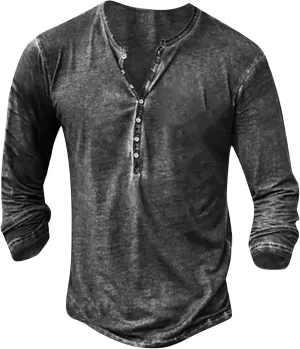 Men's Distressed Henley Shirts Vintage Long Sleeve Button Down Tops Casual Washed Basic T-Shirt