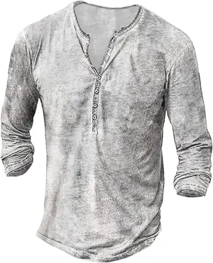 Men's Distressed Henley Shirts Vintage Long Sleeve Button Down Tops Casual Washed Basic T-Shirt