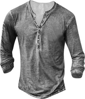 Men's Distressed Henley Shirts Vintage Long Sleeve Button Down Tops Casual Washed Basic T-Shirt