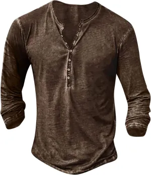 Men's Distressed Henley Shirts Vintage Long Sleeve Button Down Tops Casual Washed Basic T-Shirt