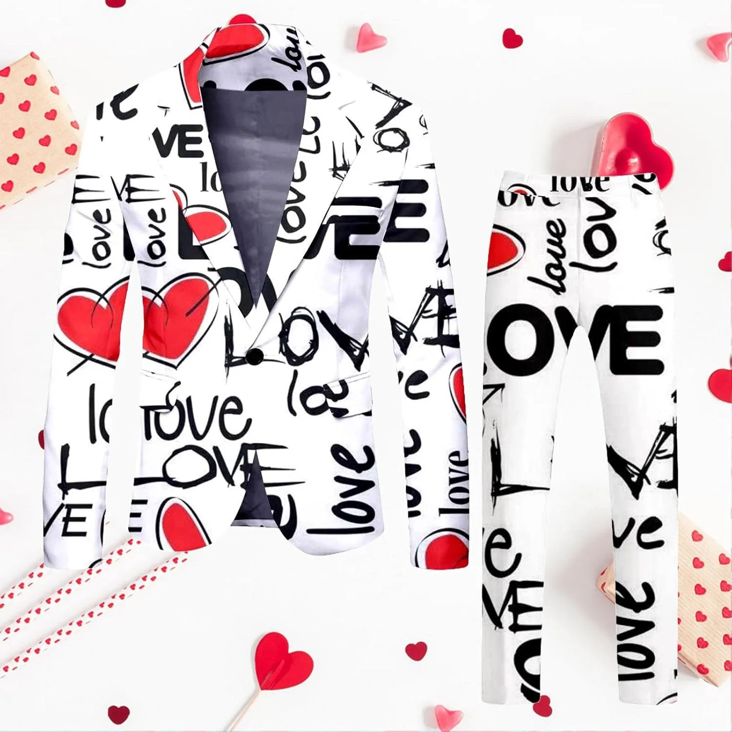 Mens Suit Casual Two- Suit Love Printed Coat Jacket Pants Suit Comfortable Soft Vest Pant Suits for Men Big and Tall