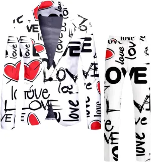 Mens Suit Casual Two- Suit Love Printed Coat Jacket Pants Suit Comfortable Soft Vest Pant Suits for Men Big and Tall