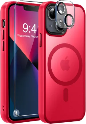 MOCCA Strong Magnetic for iPhone 13 Case, [Compatible with Magsafe][Screen Protector Camera Lens Protector] Translucent Matte Back Slim Shockproof Case for iPhone 13 Phone Case 6.1", Red