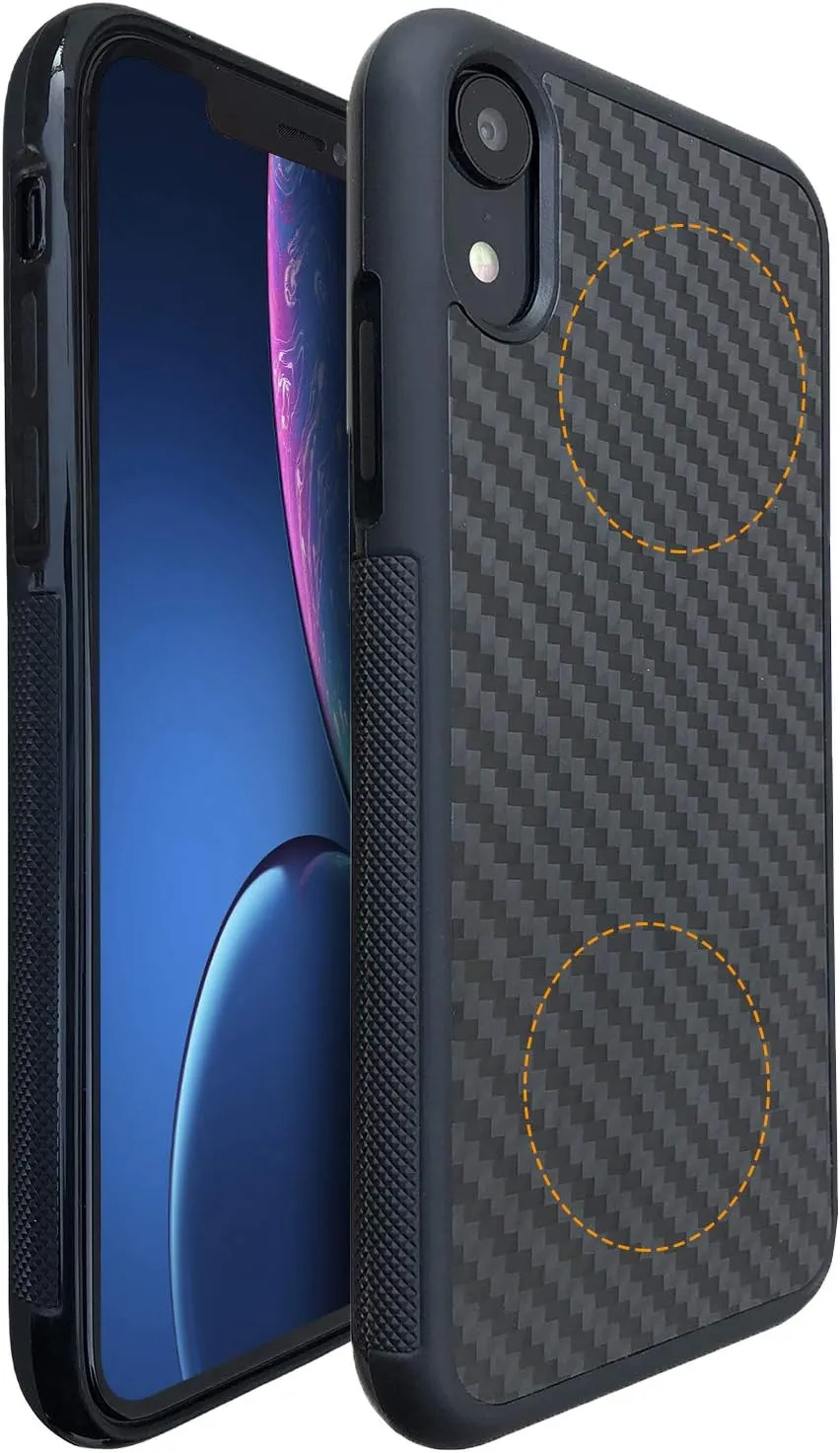 molzar Grip Series for iPhone XR Case with Real Weave Carbon Fiber, Built-in Metal Plate for Magnetic Mount, Works with Qi-Certified Chargers, Glossy Black/Weave