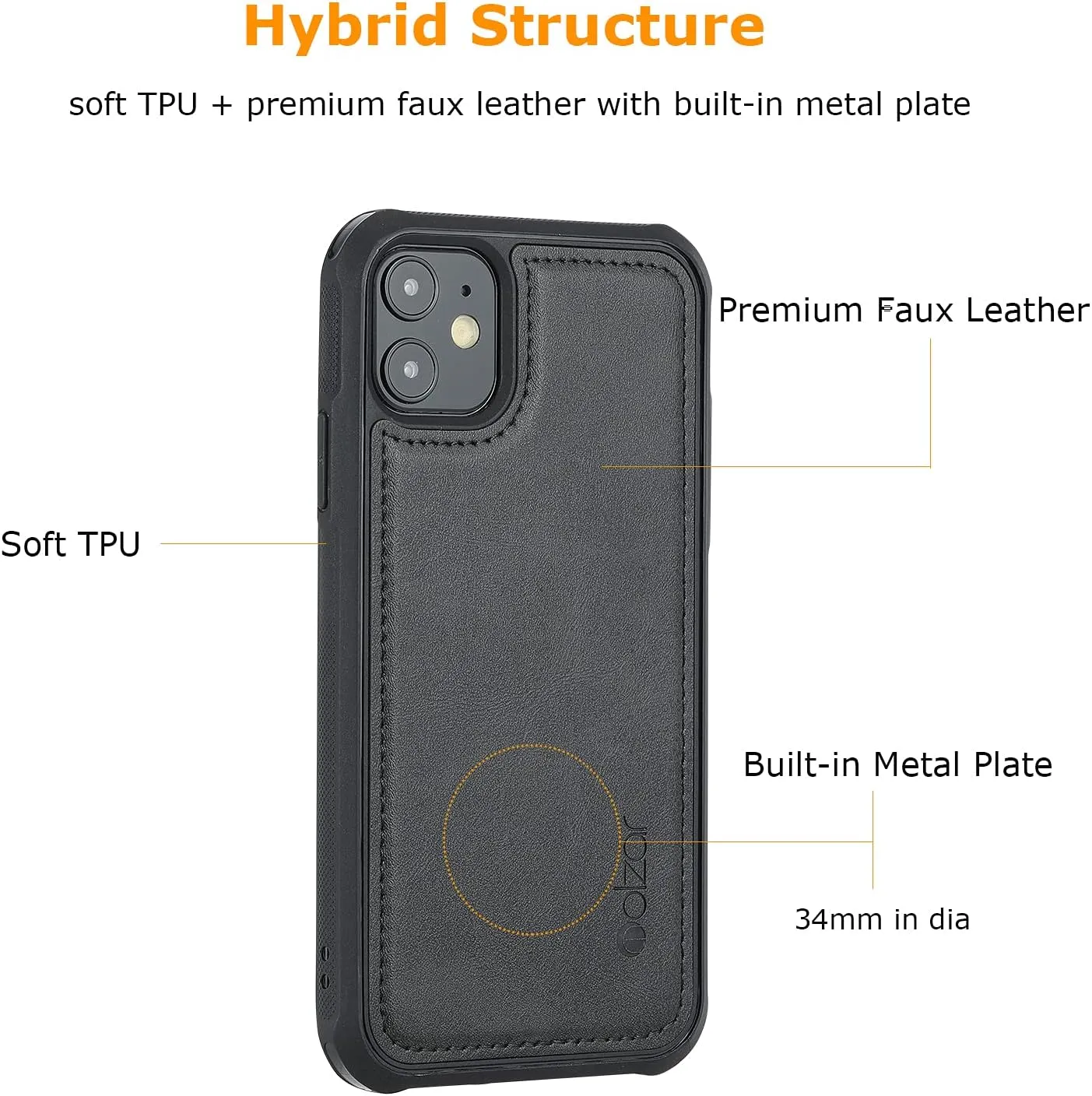 molzar MAG Series for iPhone 11 Case, Built-in Metal Plate for Magnetic Mount, Works with Qi-Certified Chargers, Compatible with iPhone 11, Black