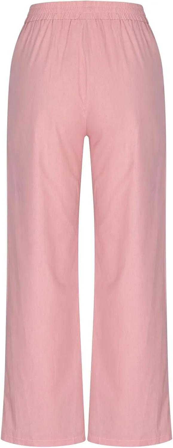 Mzkdieey Women's Wide Leg Pants Summer Casual Ruched Baggy Cotton Linen Pants Comfortable Elastic Waist Trousers with Pockets