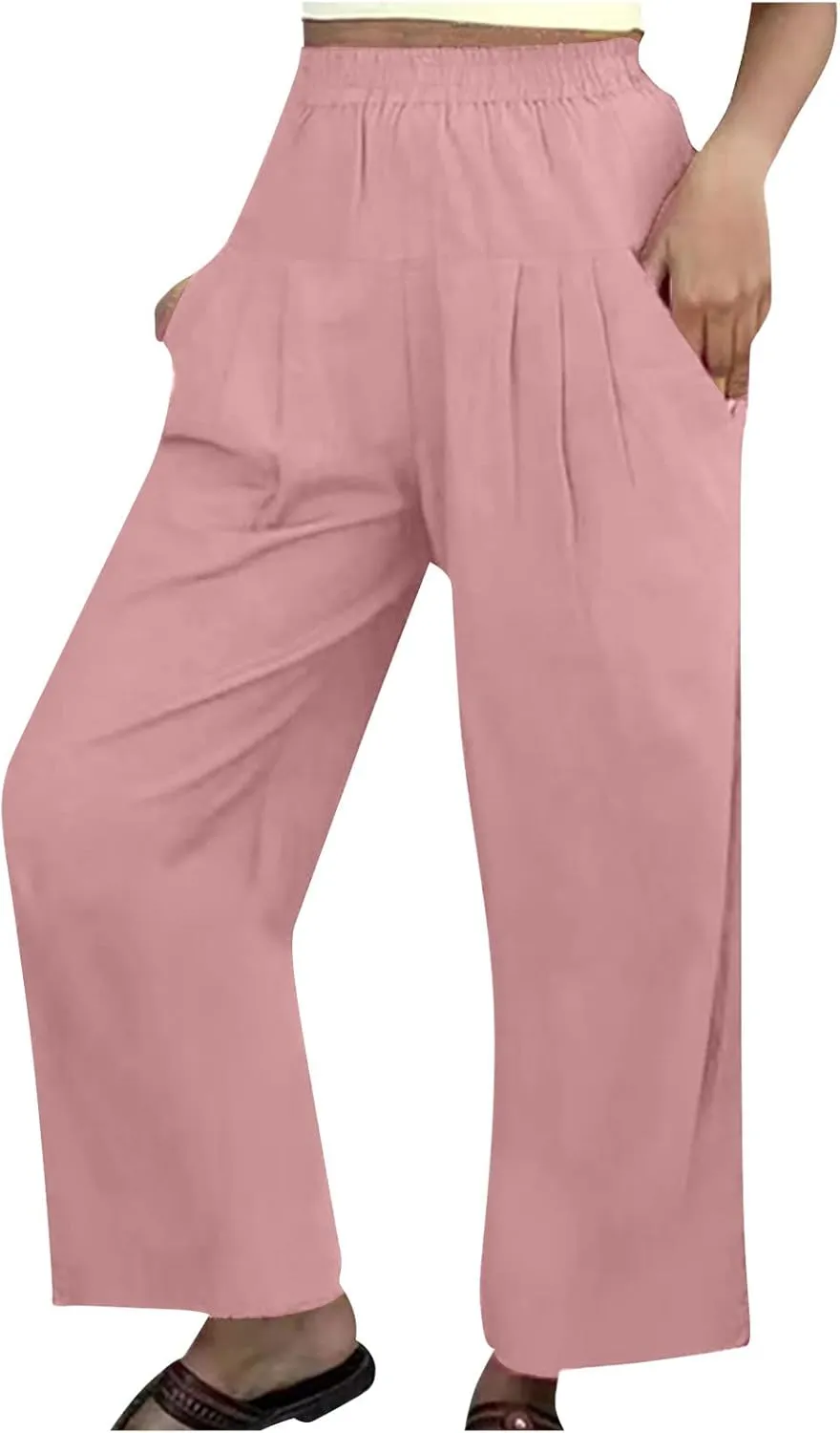 Mzkdieey Women's Wide Leg Pants Summer Casual Ruched Baggy Cotton Linen Pants Comfortable Elastic Waist Trousers with Pockets
