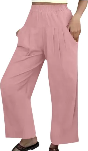 Mzkdieey Women's Wide Leg Pants Summer Casual Ruched Baggy Cotton Linen Pants Comfortable Elastic Waist Trousers with Pockets