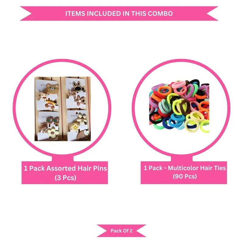 Neon hair Ties with a cute Teddy Bow Flower hair Clip Set (Pack of 2, Multicolor)