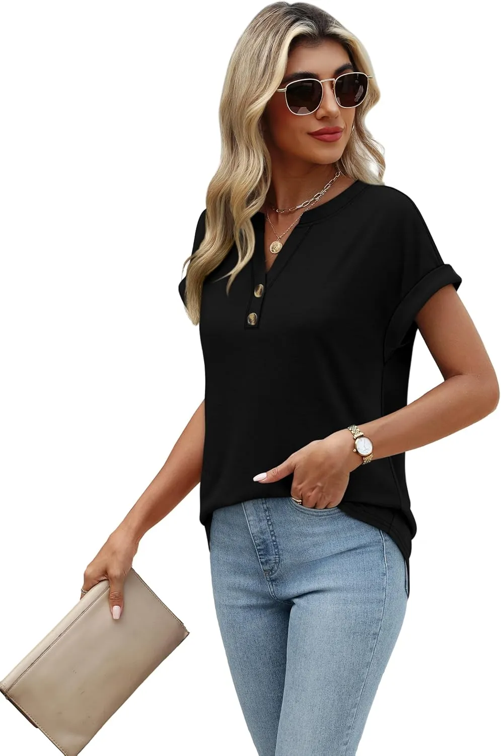 OFEEFAN Womens Tops and Blouses Dressy Casual V Neck Tshirts Short Sleeve Summer Clothes Trendy 2025