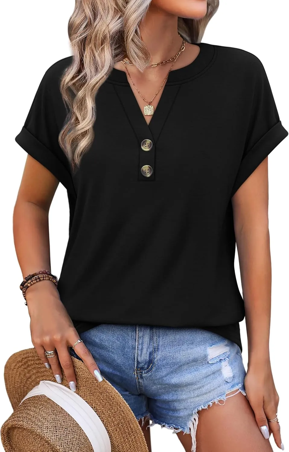OFEEFAN Womens Tops and Blouses Dressy Casual V Neck Tshirts Short Sleeve Summer Clothes Trendy 2025