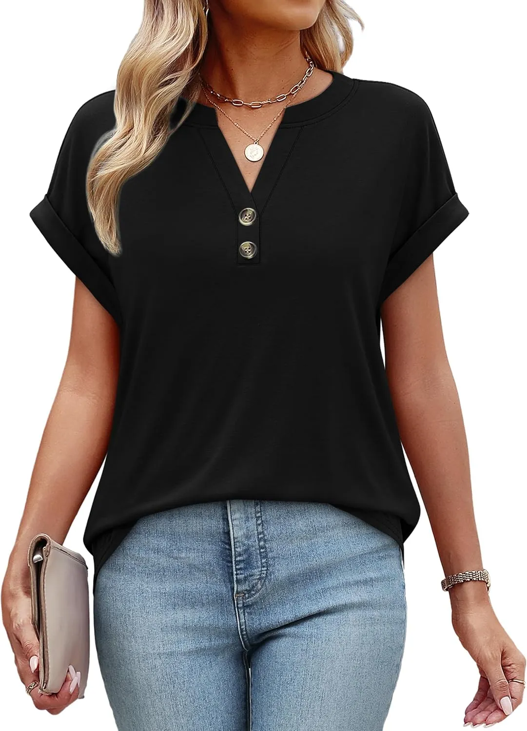 OFEEFAN Womens Tops and Blouses Dressy Casual V Neck Tshirts Short Sleeve Summer Clothes Trendy 2025