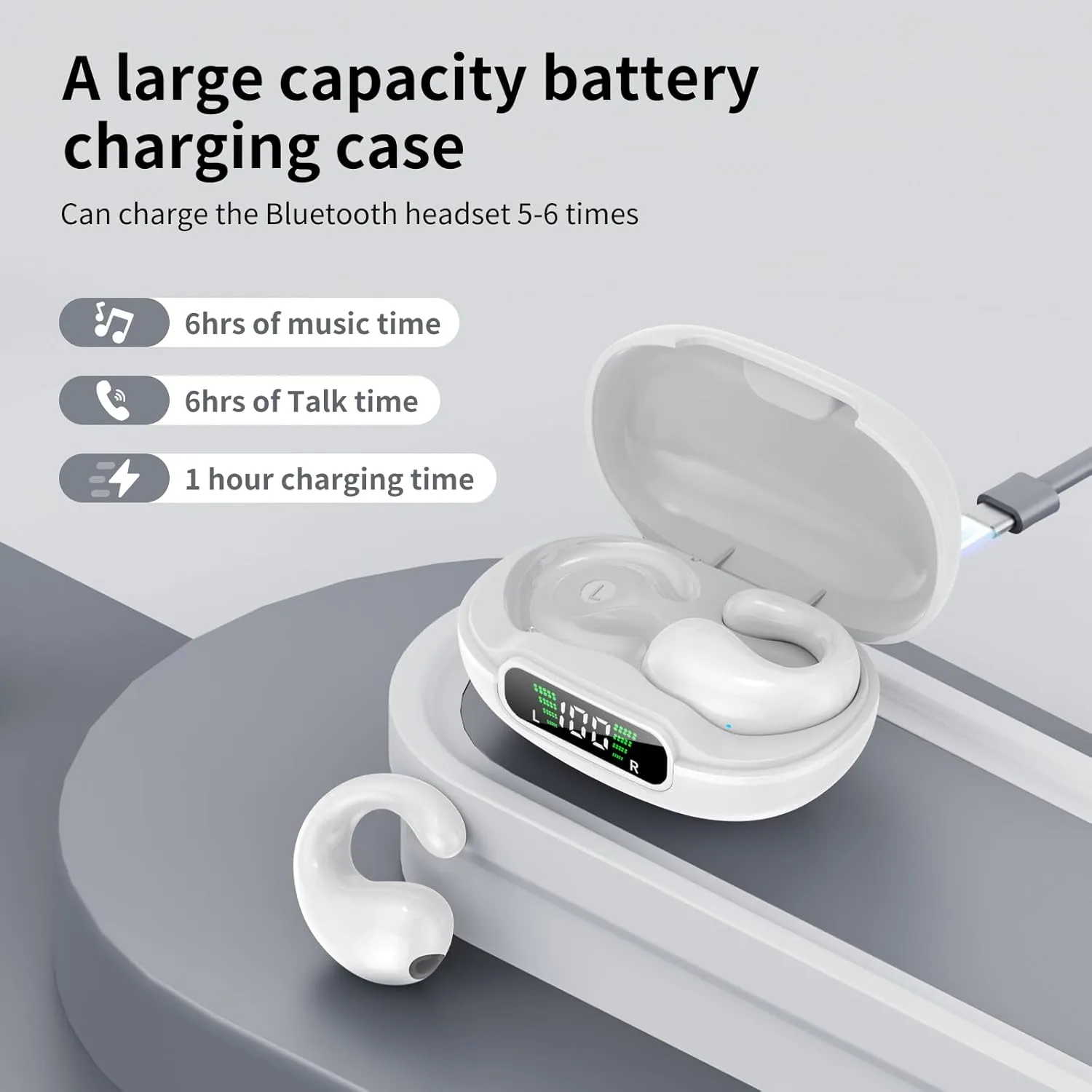 Open Ear Clip on Headphones, Wireless Earbuds Bluetooth 5.3 Sport Earphones Built-in Mic with Ear Hooks 36H Playtime Ear Buds LED Display Charging Case, Waterproof Design for Running Fitness, White