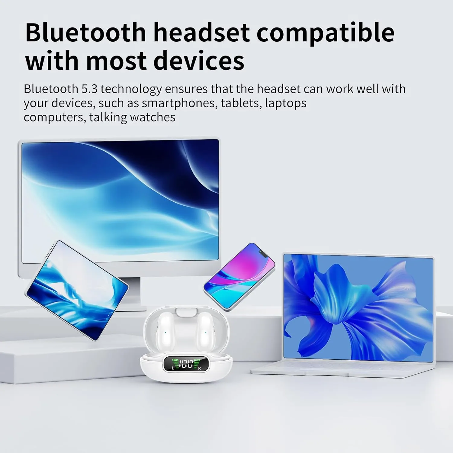 Open Ear Clip on Headphones, Wireless Earbuds Bluetooth 5.3 Sport Earphones Built-in Mic with Ear Hooks 36H Playtime Ear Buds LED Display Charging Case, Waterproof Design for Running Fitness, White