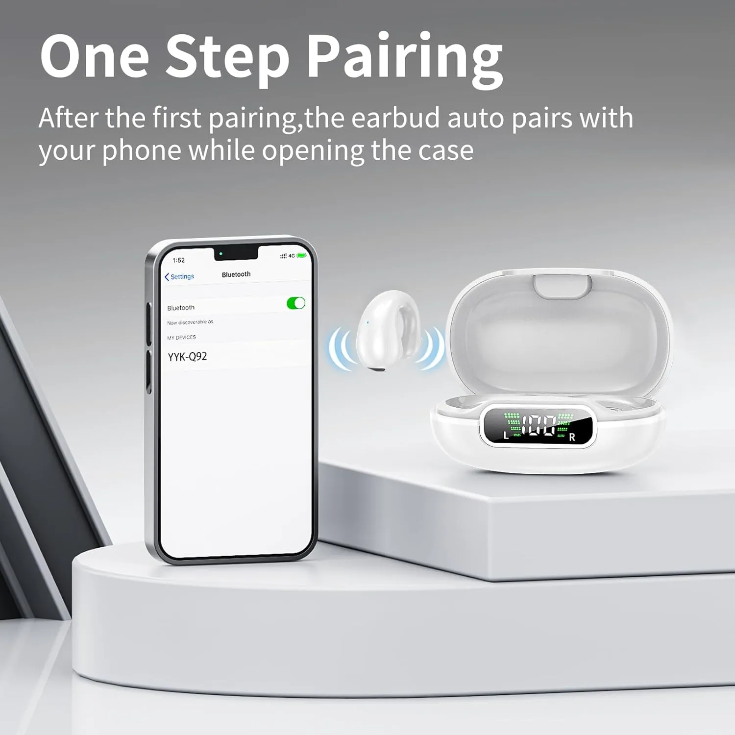 Open Ear Clip on Headphones, Wireless Earbuds Bluetooth 5.3 Sport Earphones Built-in Mic with Ear Hooks 36H Playtime Ear Buds LED Display Charging Case, Waterproof Design for Running Fitness, White