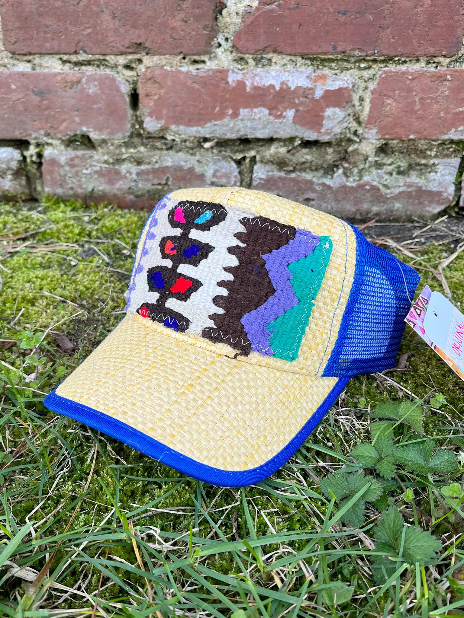 Orijinal Turkish Kilim Patch Straw Trucker in Blue Mix