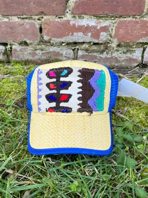 Orijinal Turkish Kilim Patch Straw Trucker in Blue Mix