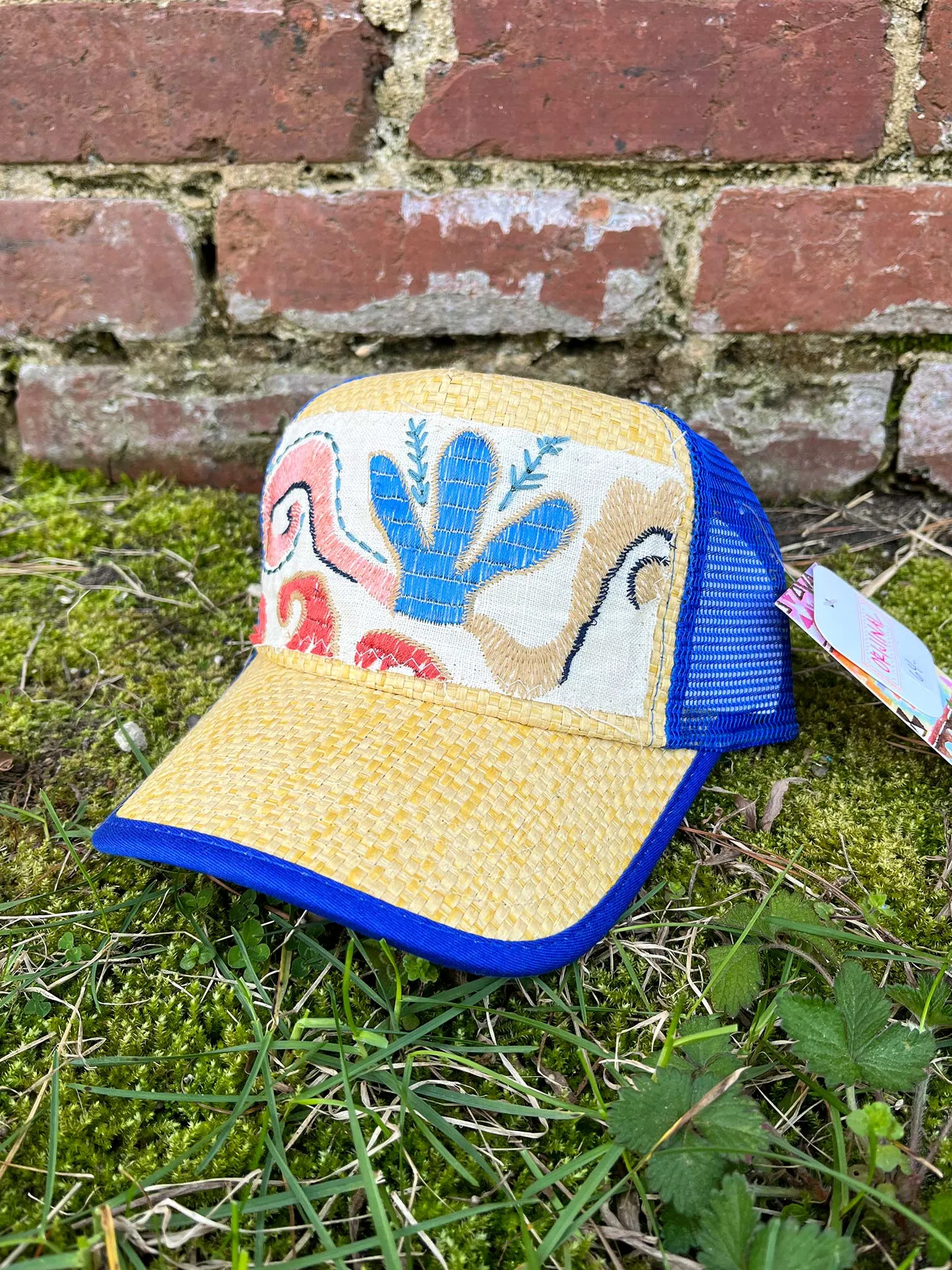 Orijinal Turkish Kilim Patch Straw Trucker in Blue Ocean