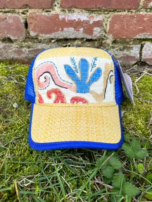 Orijinal Turkish Kilim Patch Straw Trucker in Blue Ocean