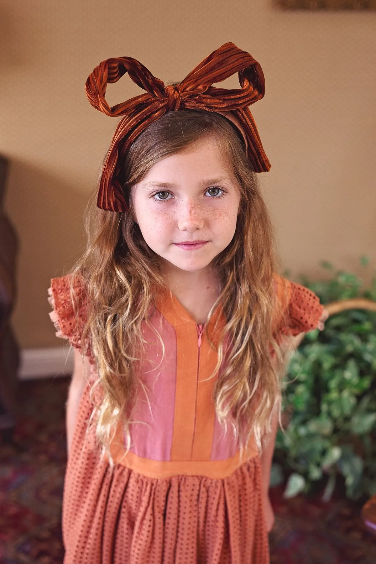 Party Bow Headband - Rose Velvet Stripe