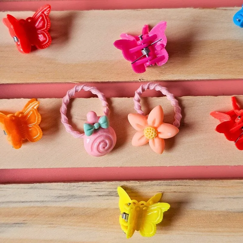 Pastel Mini Hair Ties with Flower Cancy Butterfly hair Clip Set (Pack of 2, Multicolor)
