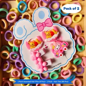 Pastel Mini Hair Ties with Teddy Flower Rainbow Cartoon hair Clip set (Pack of 2, Multicolor)