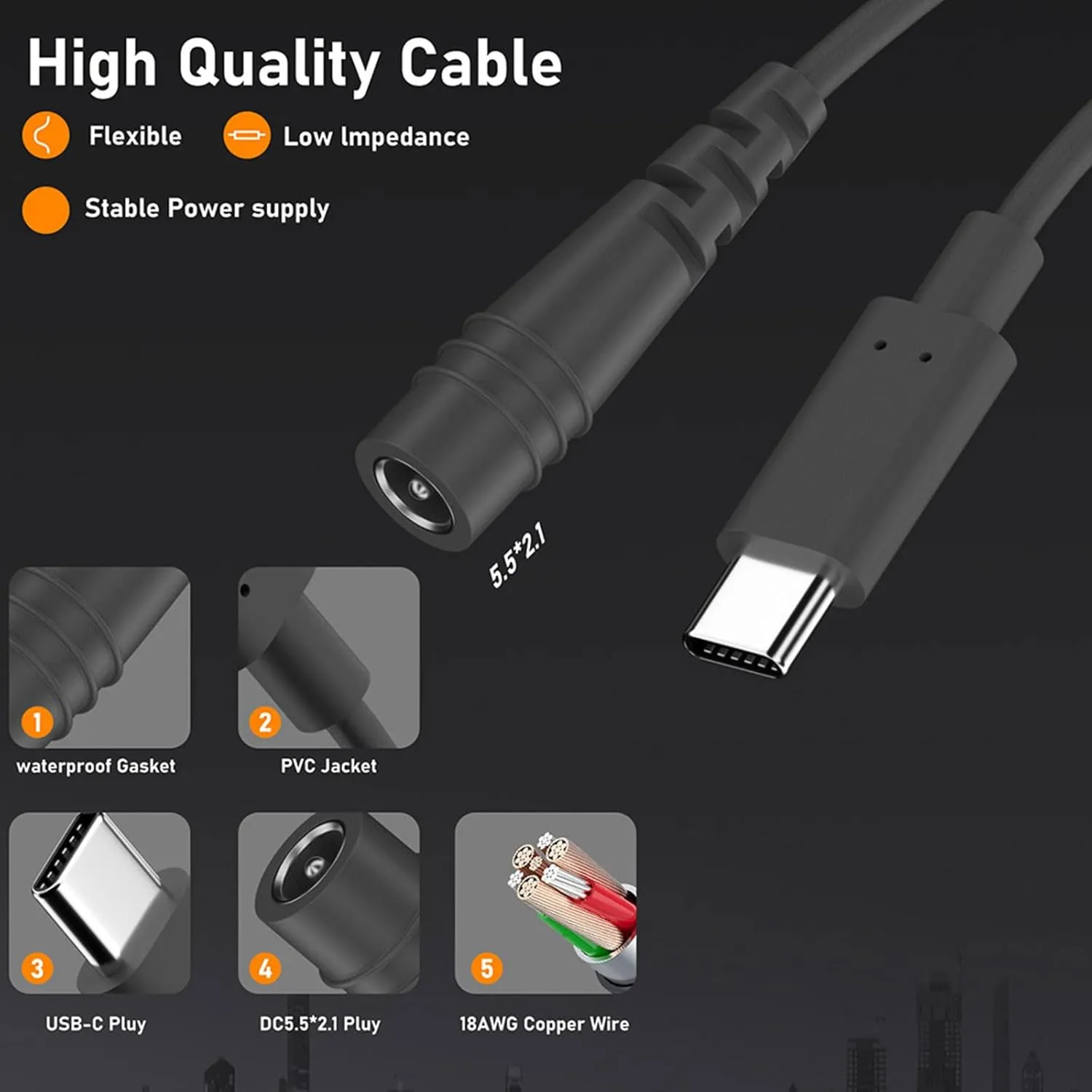 PD100W USB Type C Male to DC5521 5.5x2.1mm Female Power Extension Cable for Laptops and Mobile Devices Power Supply