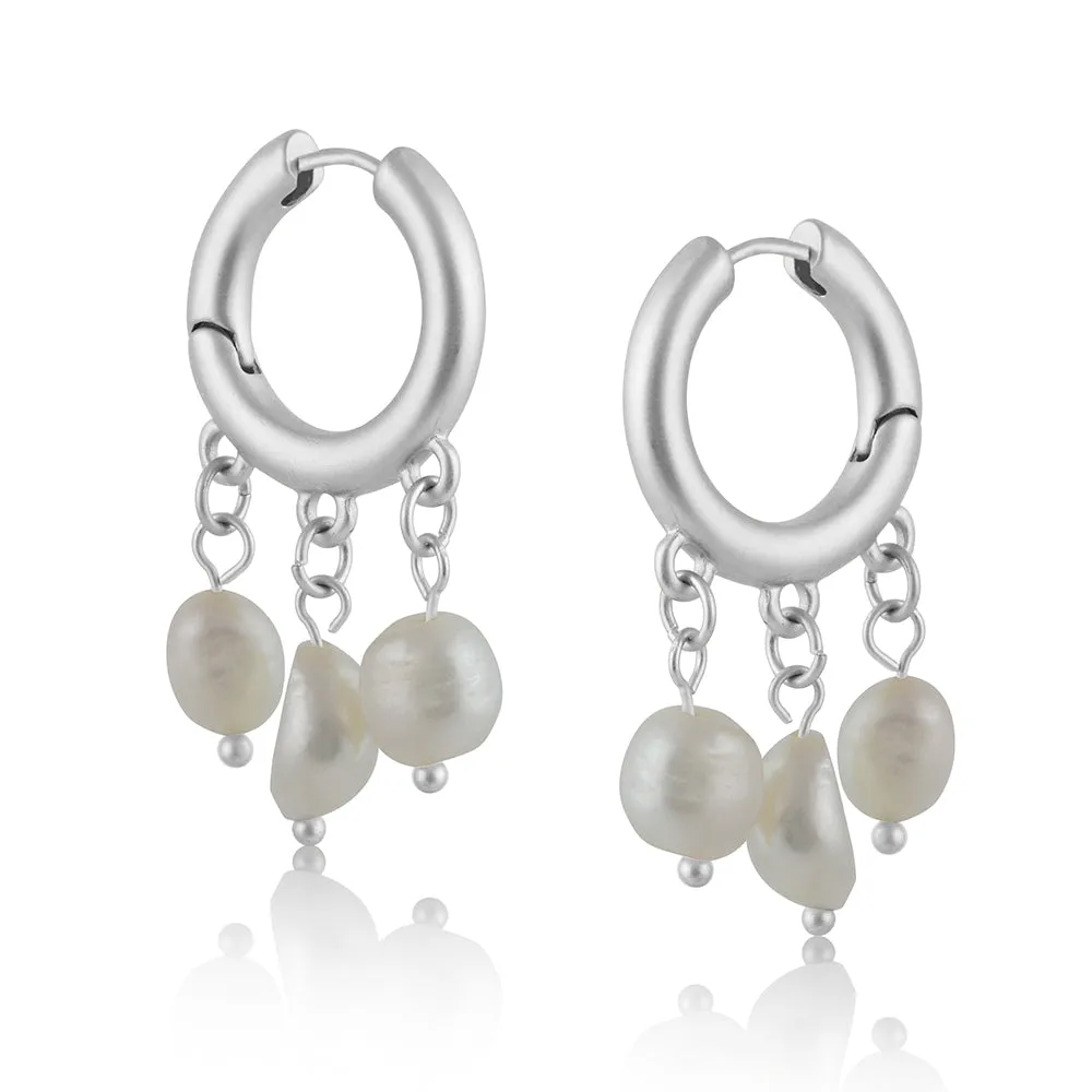 Pierced Hoop Earrings with Strand of Pearl Detail TAMARA Perfect Gift by Big Metal London