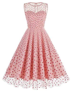 Pink Semi Mesh Sweet Heart Embroidered Sleeveless 50S Swing Dress