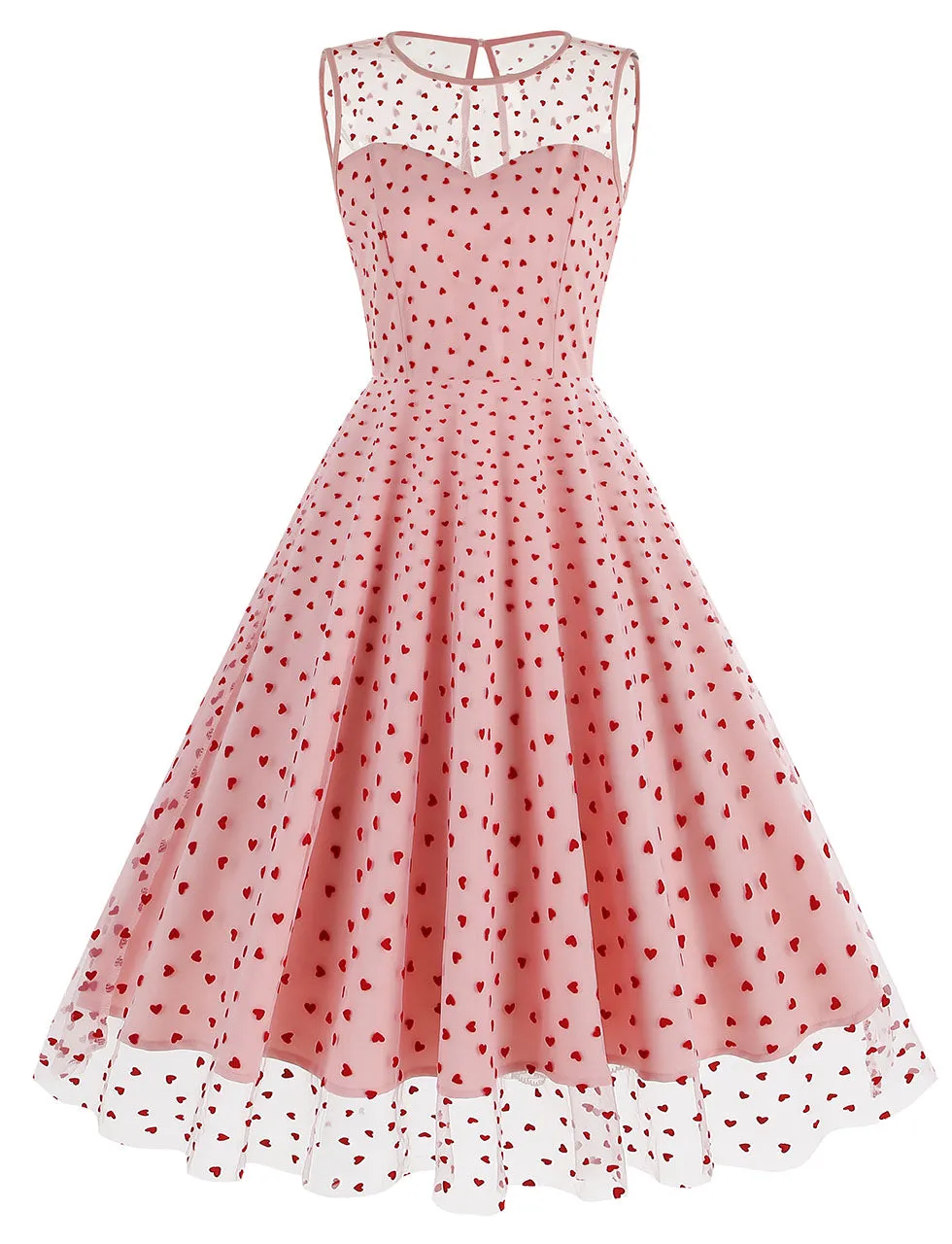 Pink Semi Mesh Sweet Heart Embroidered Sleeveless 50S Swing Dress