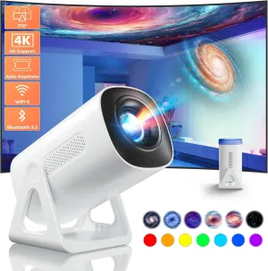 Portable WiFi and Bluetooth Projector - 4K 1080P Supported Mini Movie Projector, 270Adjustable Stand Outdoor Home Theater Star Projector with Ambient Light for Phone TV Stick Laptop
