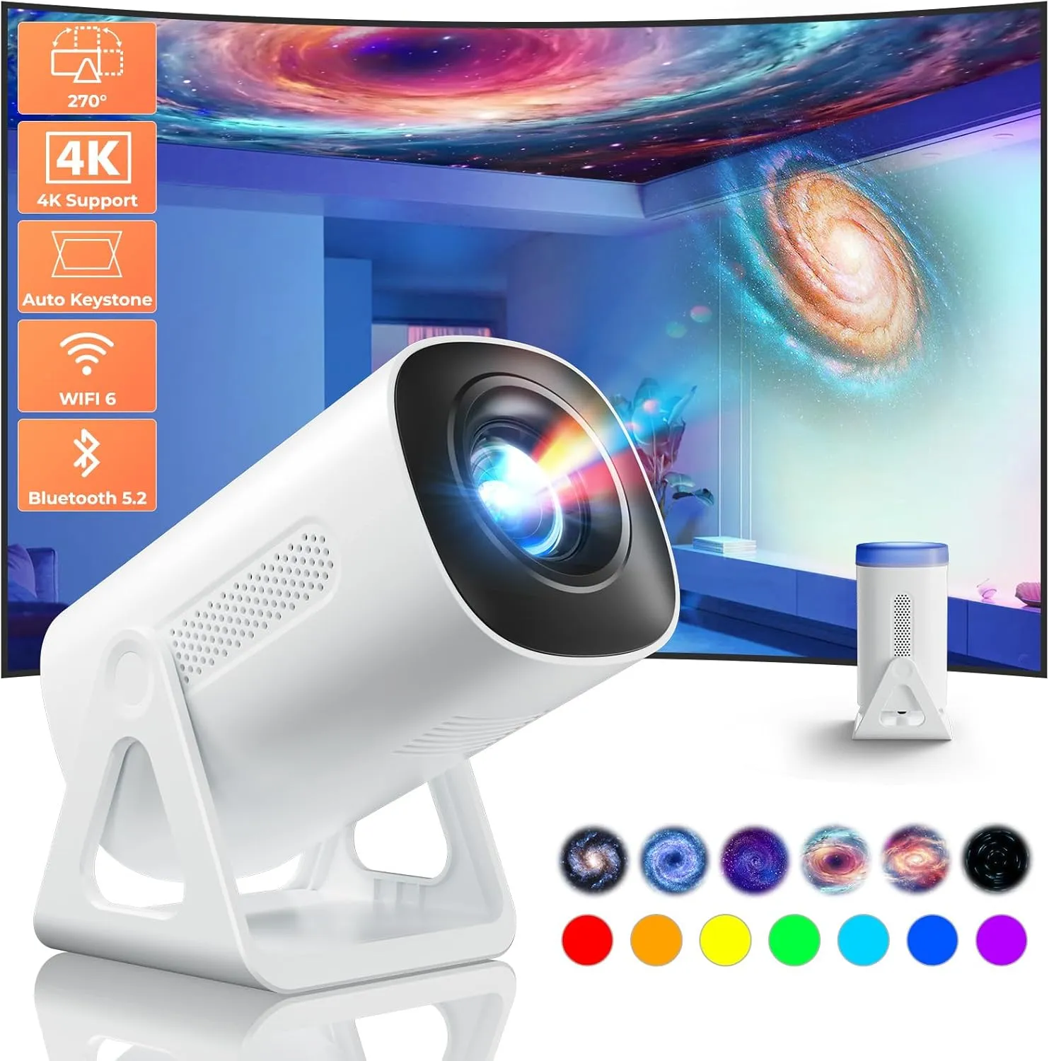 Portable WiFi and Bluetooth Projector - 4K 1080P Supported Mini Movie Projector, 270Adjustable Stand Outdoor Home Theater Star Projector with Ambient Light for Phone TV Stick Laptop