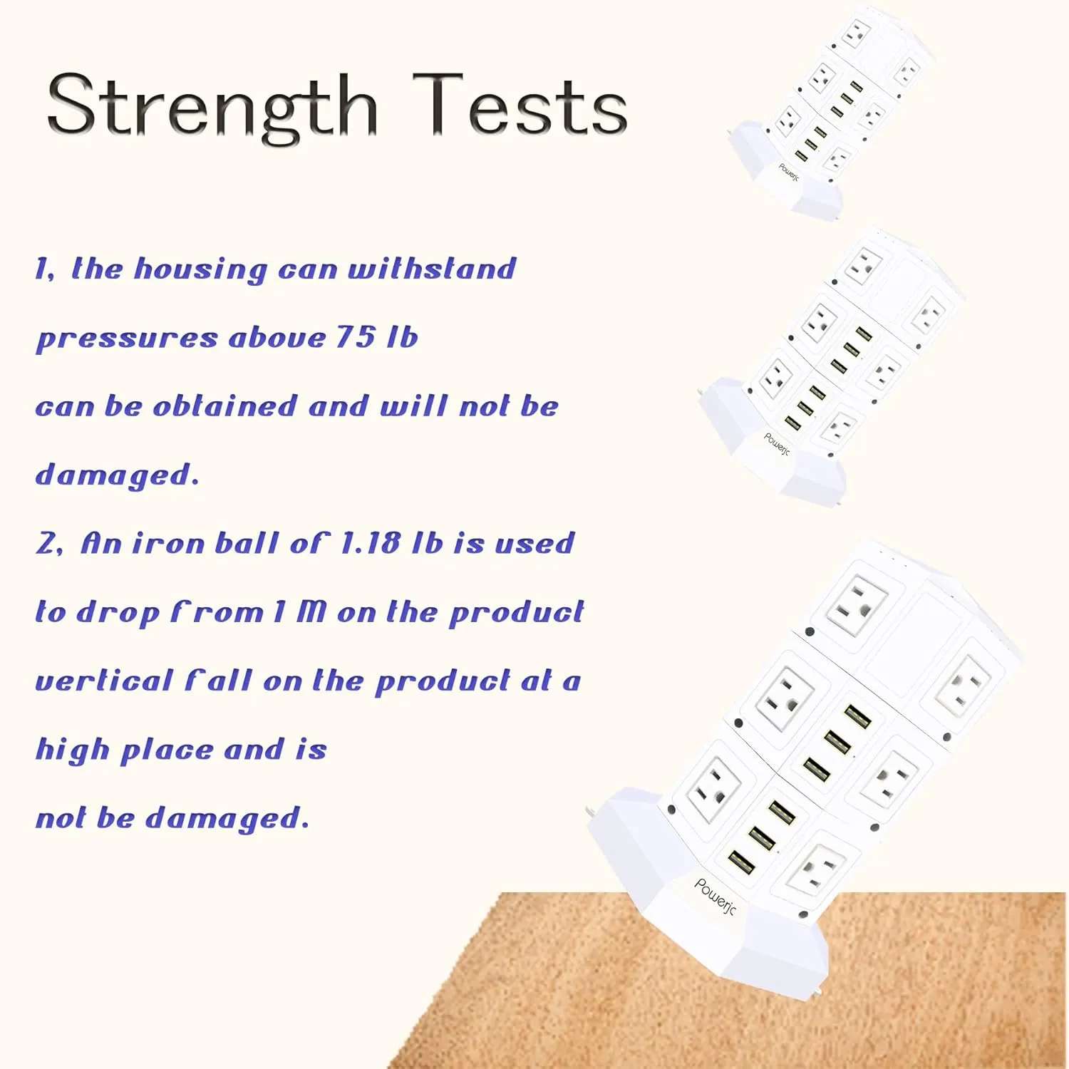 Power Strip USB Surge Protector Tower 12 AC Outlets with 6 USB Ports Chargers 10 Feet Long Extension Cord Indoor White-Powerjc