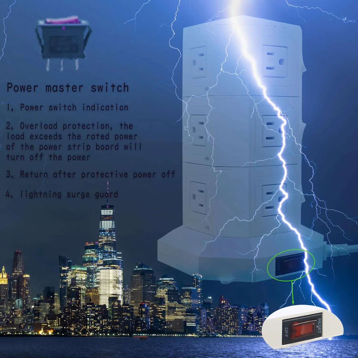 Power Strip USB Surge Protector Tower 12 AC Outlets with 6 USB Ports Chargers 10 Feet Long Extension Cord Indoor White-Powerjc