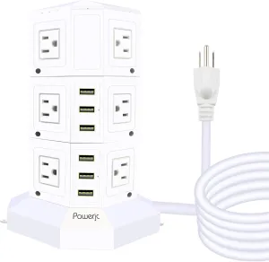 Power Strip USB Surge Protector Tower 12 AC Outlets with 6 USB Ports Chargers 10 Feet Long Extension Cord Indoor White-Powerjc